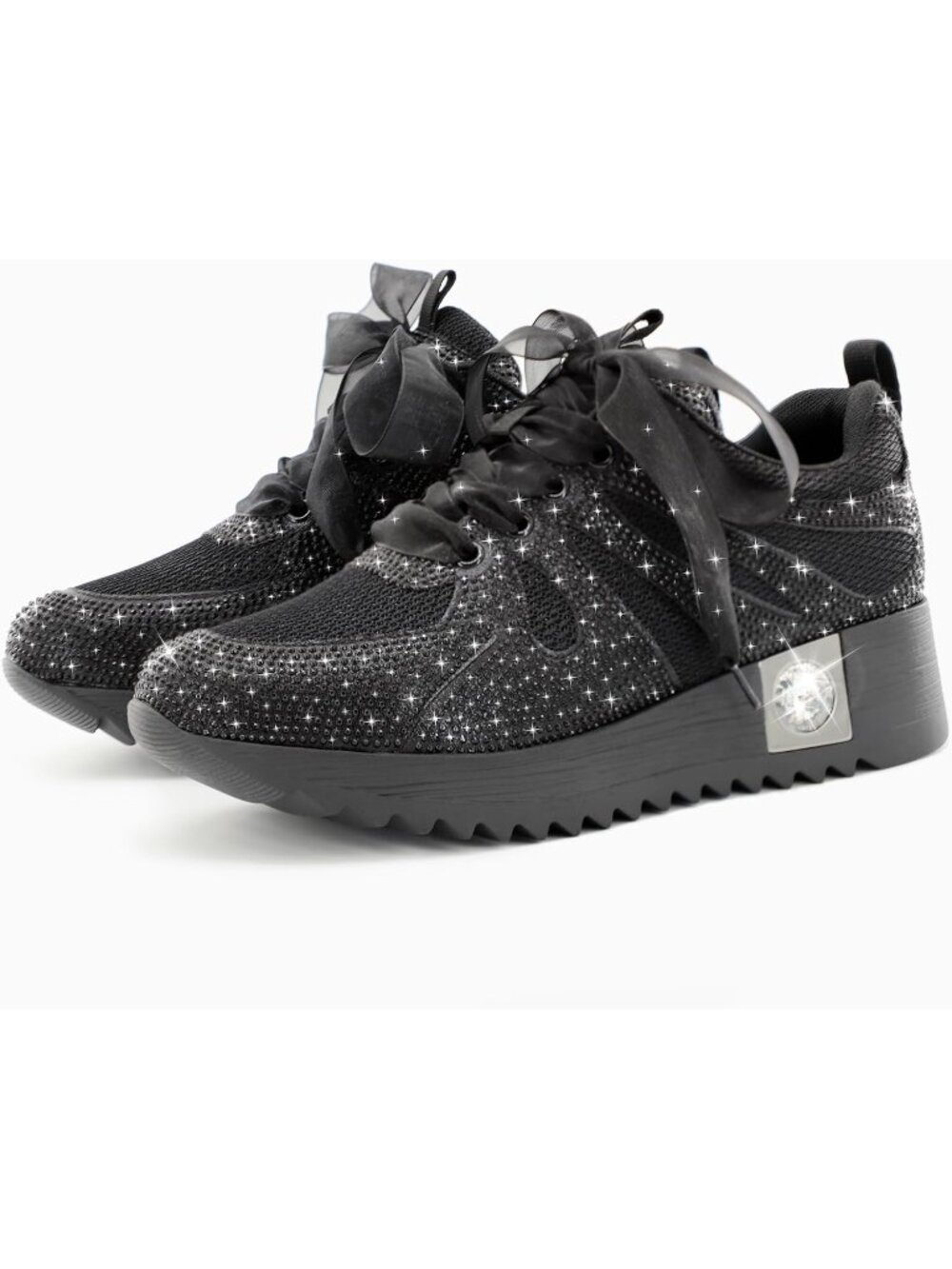Women's Black Mesh Glitter Sneakers Platform Wedge Shoes Sparkly Rhinestone - Picture 5 of 6